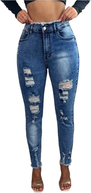 Skinny Ripped Jeans Womens High Waisted Stretchy Mom Jeans Trendy Distressed Tummy Control Jeggings with Pockets
