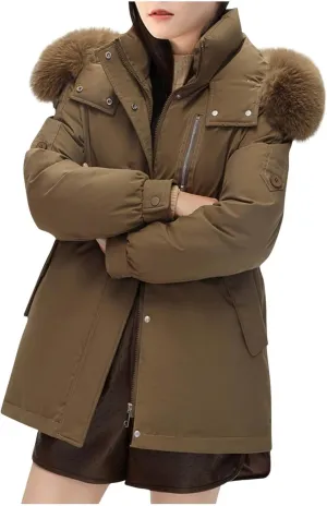 Snow Jackets for Women Winter Thermal Puffer Jacket Slim Fit Thickened Down Jackets Fuzzy Hooded Soild Parka Coats