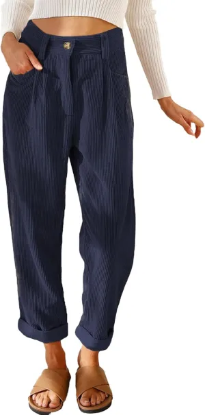 SOMTHRON Women's Corduroy Pants Casual High Waisted Straight Leg Pants Vintage Loose Fall Trousers with Pockets