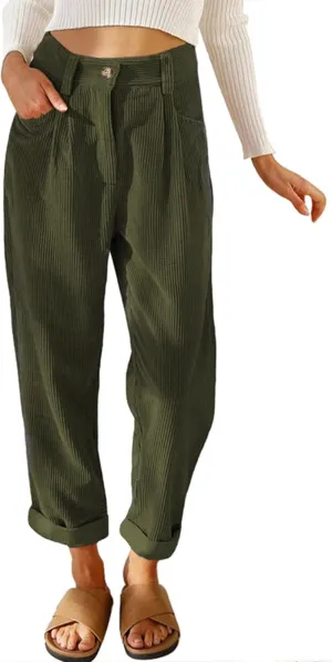 SOMTHRON Women's Corduroy Pants Casual High Waisted Straight Leg Pants Vintage Loose Fall Trousers with Pockets