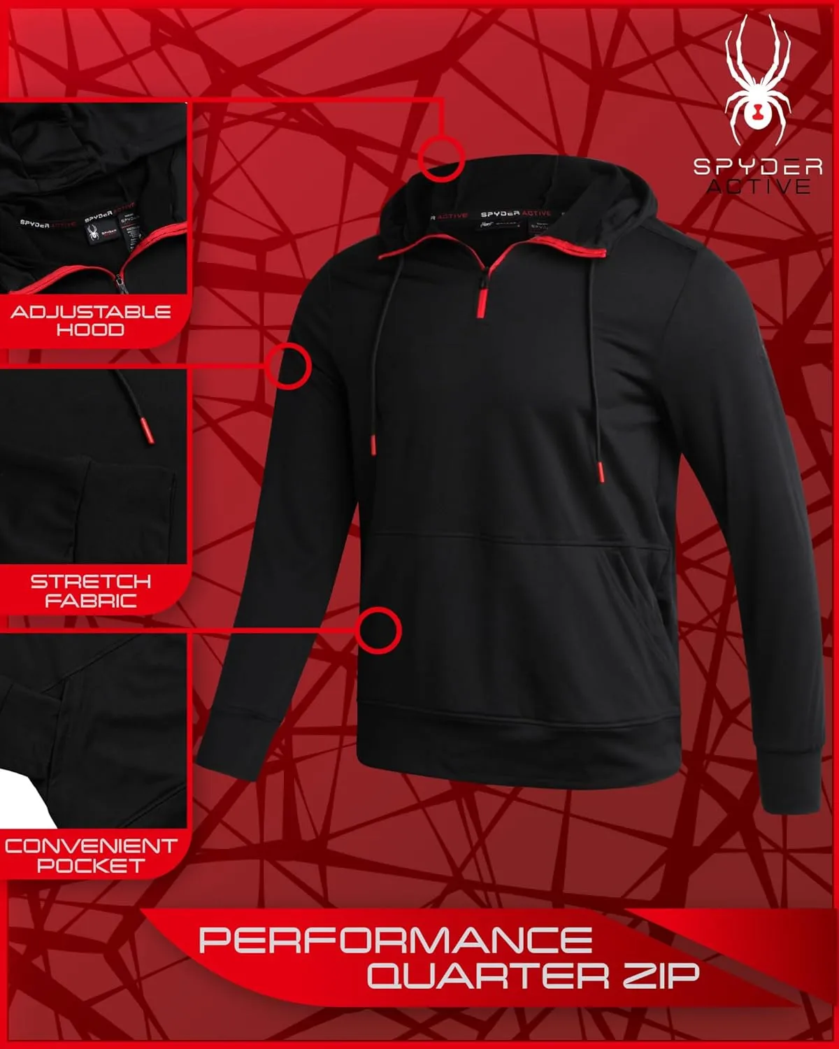 Spyder Men's Pullover Hoodie - Quarter Zip Comfort Fit Hoodie Sweatshirt with Reflective Trim - Active Hoodie for Men (S-XL)
