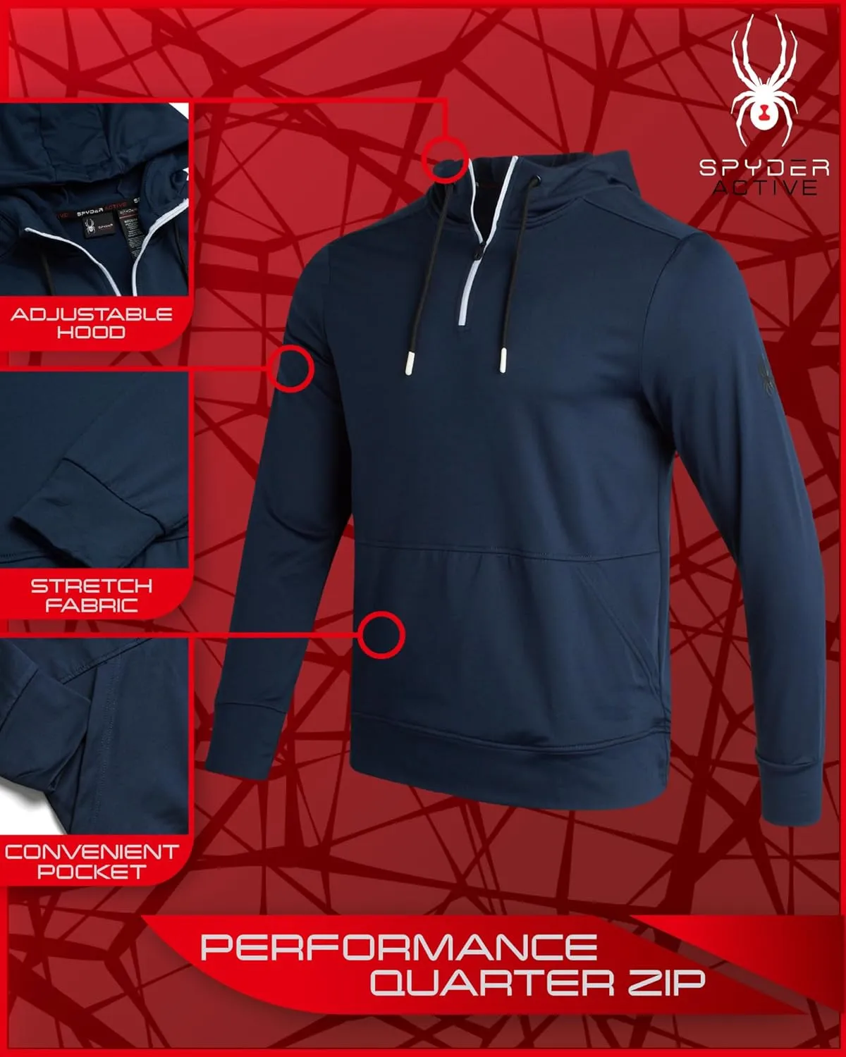 Spyder Men's Pullover Hoodie - Quarter Zip Comfort Fit Hoodie Sweatshirt with Reflective Trim - Active Hoodie for Men (S-XL)