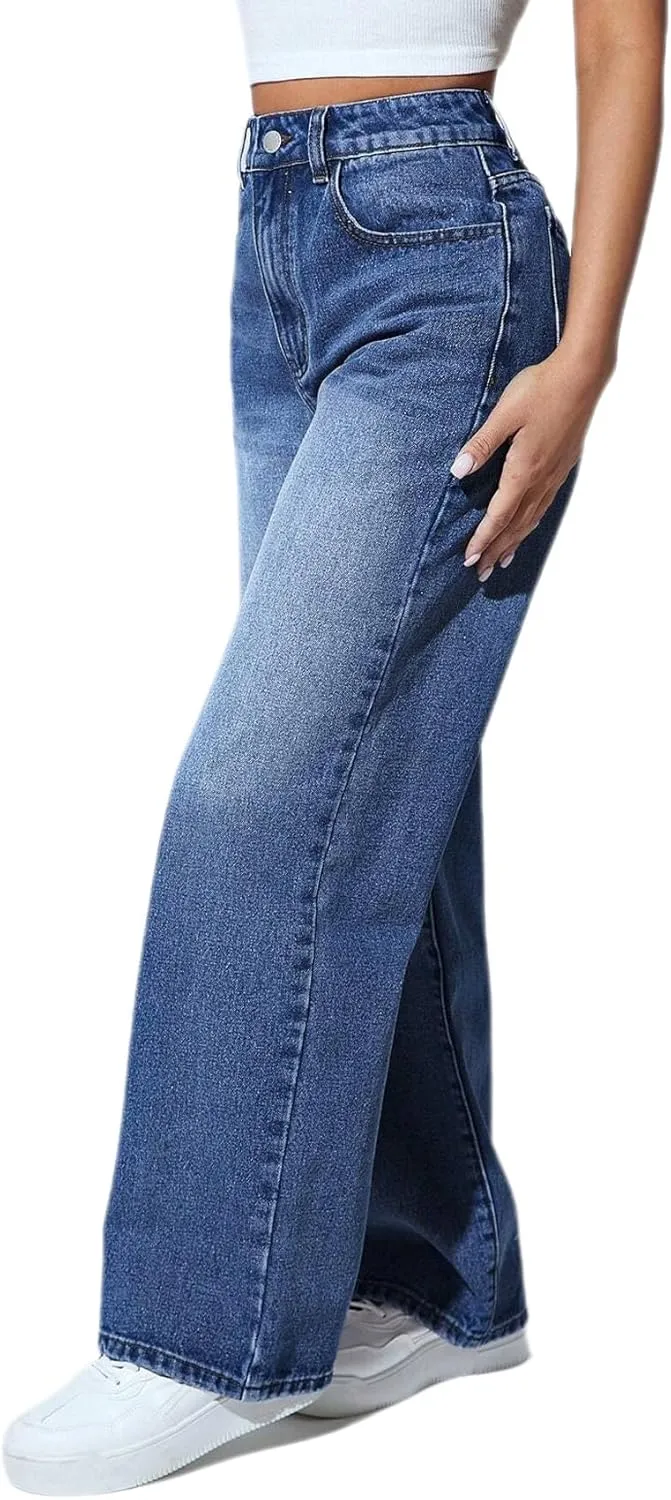 Straight Leg Jeans for Women High Waisted Stretchy Wide Leg Boyfriend Jeans Denim Pants
