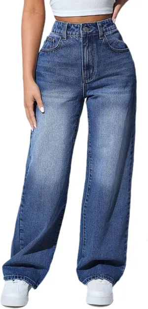 Straight Leg Jeans for Women High Waisted Stretchy Wide Leg Boyfriend Jeans Denim Pants