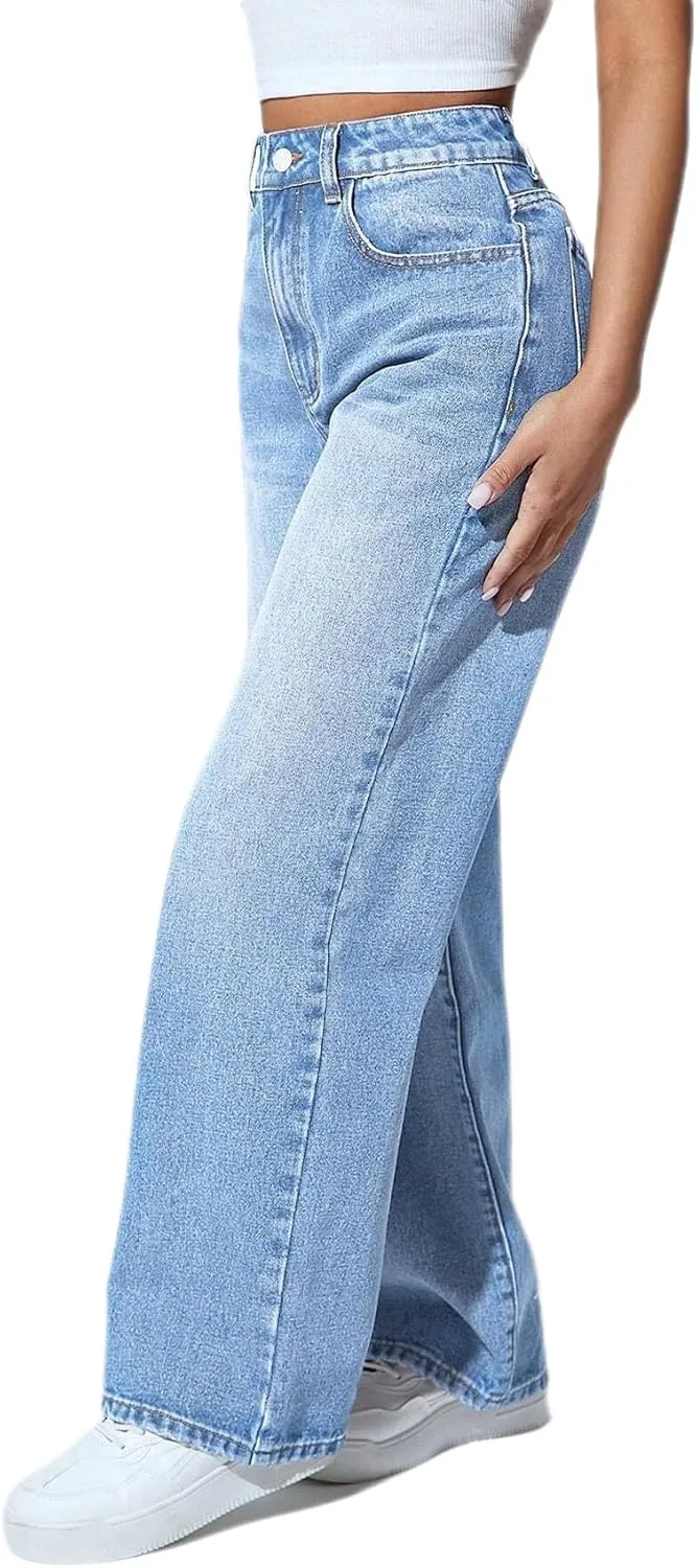 Straight Leg Jeans for Women High Waisted Stretchy Wide Leg Boyfriend Jeans Denim Pants