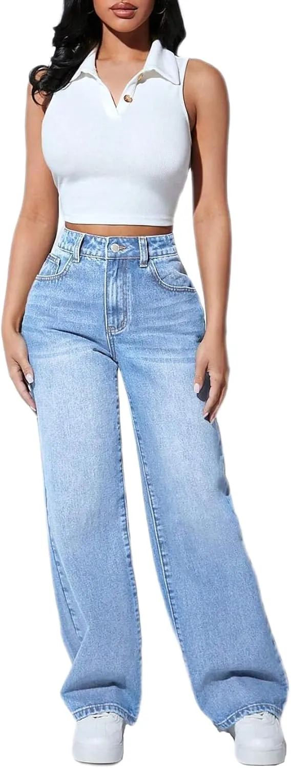 Straight Leg Jeans for Women High Waisted Stretchy Wide Leg Boyfriend Jeans Denim Pants