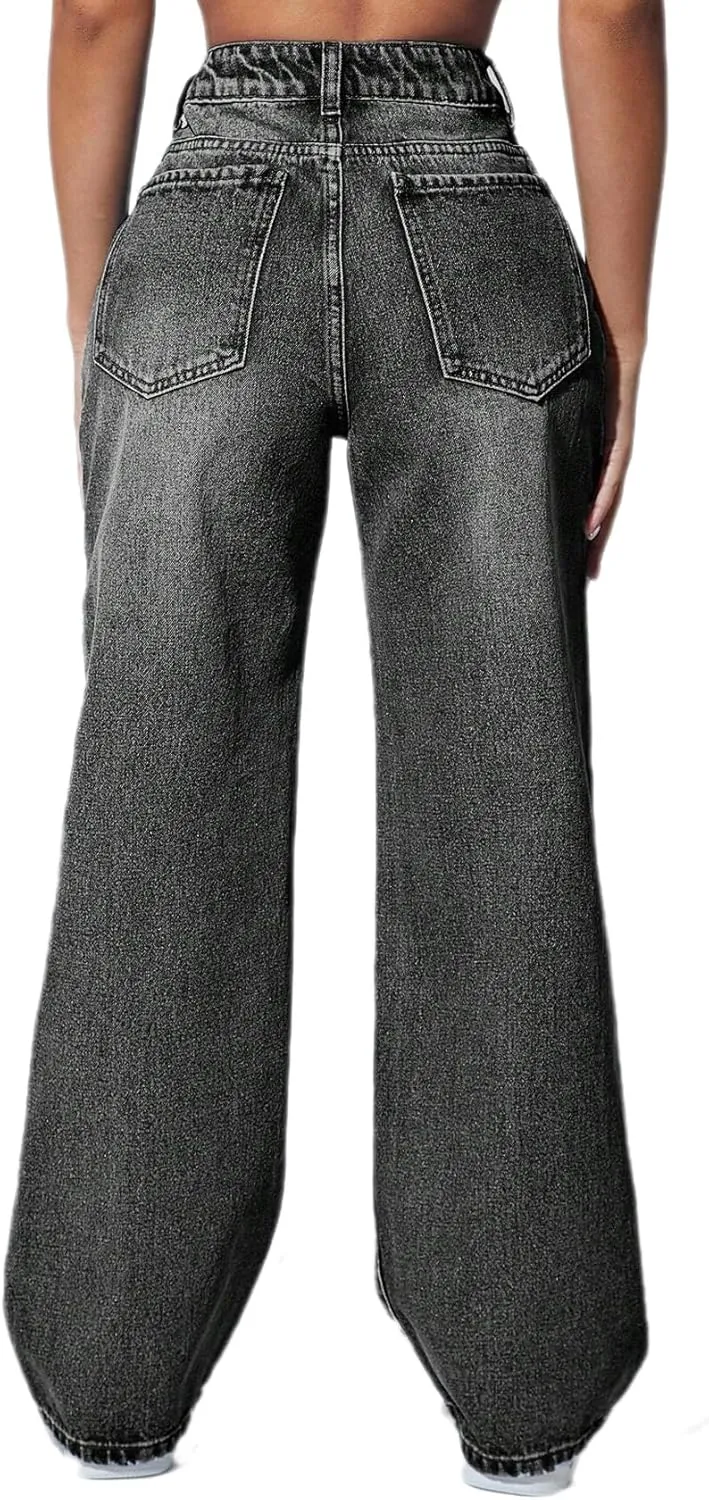 Straight Leg Jeans for Women High Waisted Stretchy Wide Leg Boyfriend Jeans Denim Pants