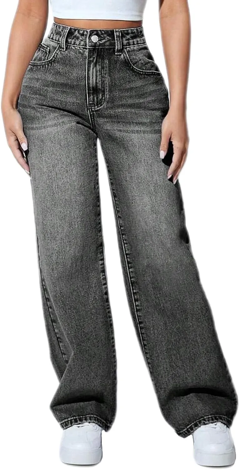 Straight Leg Jeans for Women High Waisted Stretchy Wide Leg Boyfriend Jeans Denim Pants