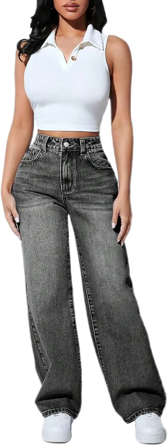 Straight Leg Jeans for Women High Waisted Stretchy Wide Leg Boyfriend Jeans Denim Pants