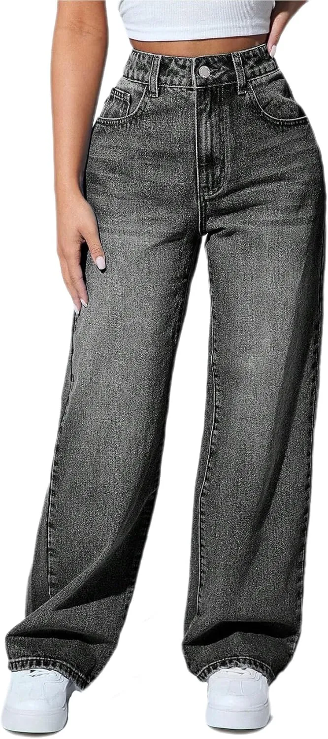 Straight Leg Jeans for Women High Waisted Stretchy Wide Leg Boyfriend Jeans Denim Pants