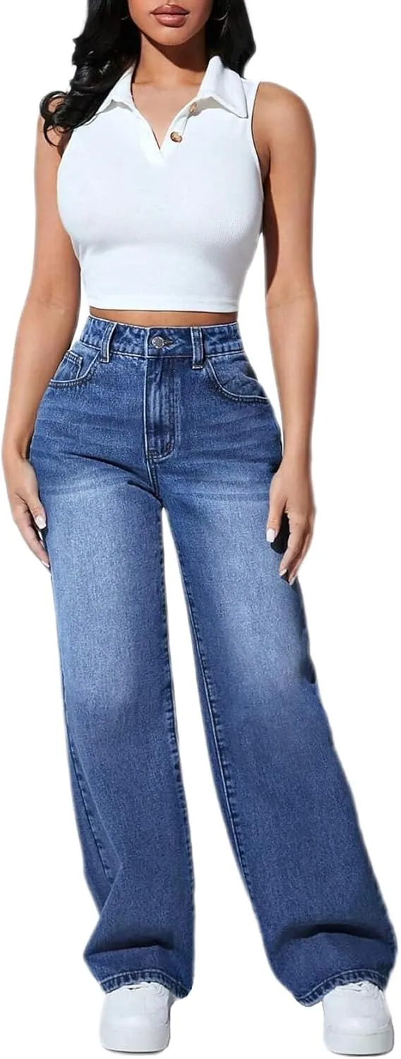 Straight Leg Jeans for Women High Waisted Stretchy Wide Leg Boyfriend Jeans Denim Pants