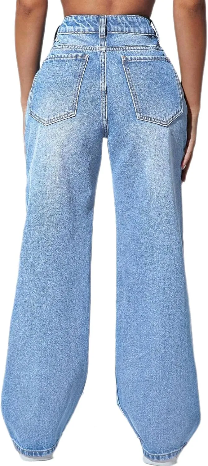 Straight Leg Jeans for Women High Waisted Stretchy Wide Leg Boyfriend Jeans Denim Pants