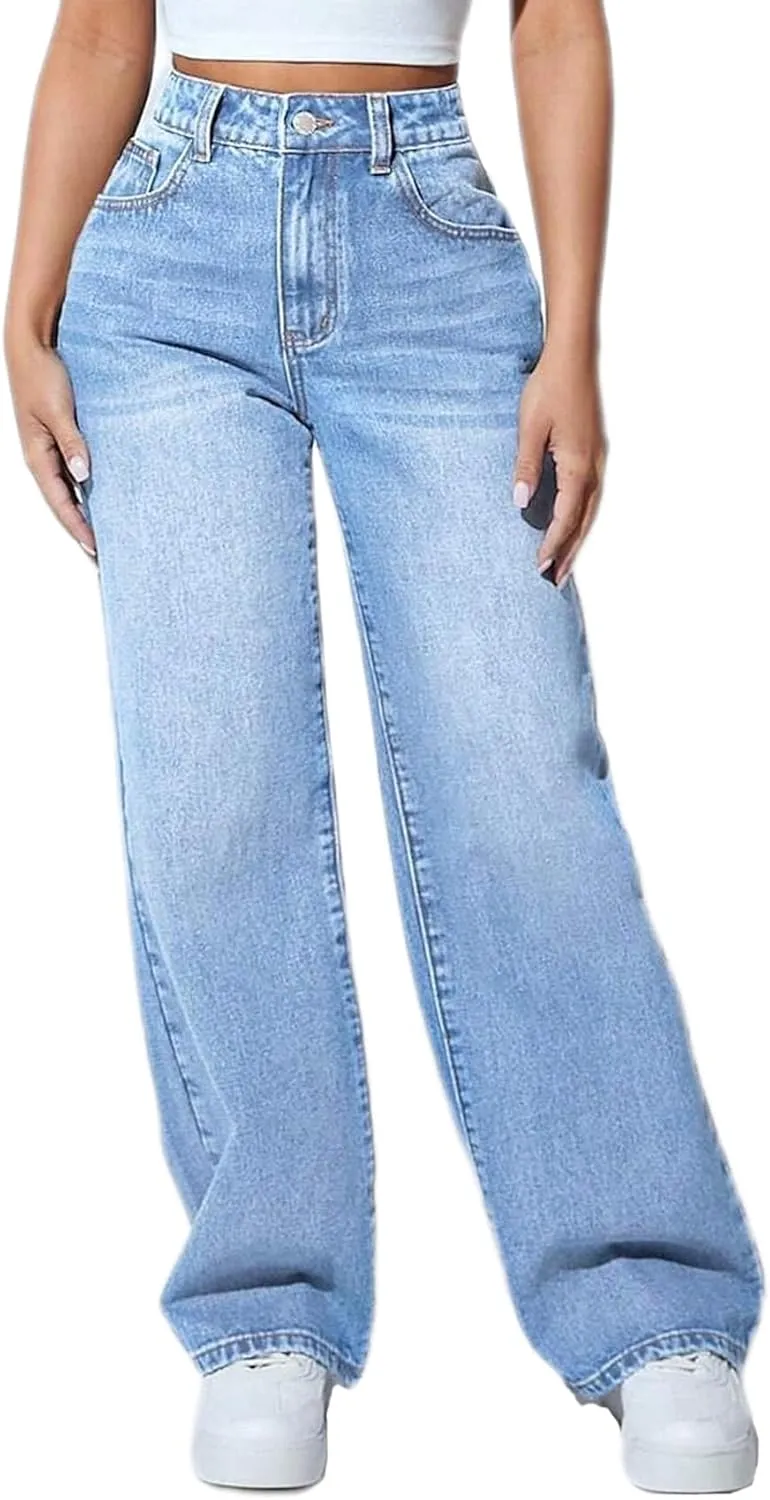 Straight Leg Jeans for Women High Waisted Stretchy Wide Leg Boyfriend Jeans Denim Pants