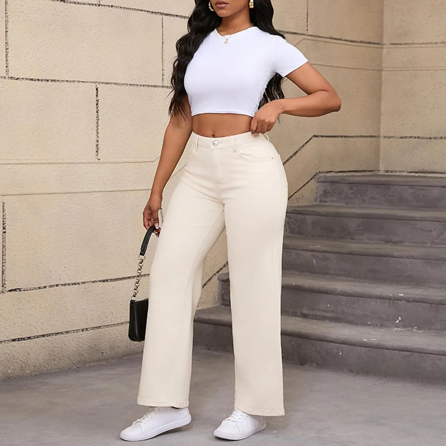 Straight Leg Jeans for Women High Waisted Stretchy Wide Leg Boyfriend Jeans Denim Pants