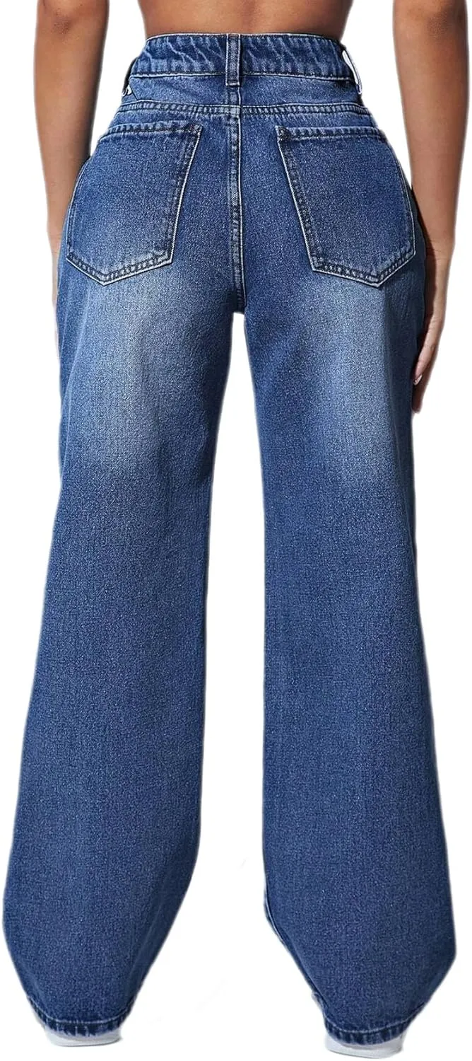 Straight Leg Jeans for Women High Waisted Stretchy Wide Leg Boyfriend Jeans Denim Pants