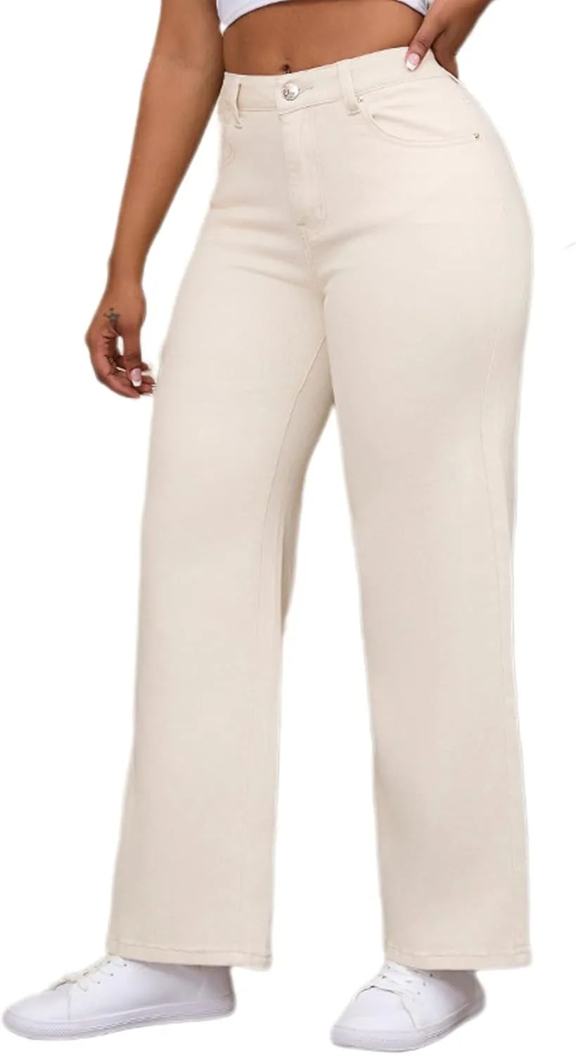 Straight Leg Jeans for Women High Waisted Stretchy Wide Leg Boyfriend Jeans Denim Pants