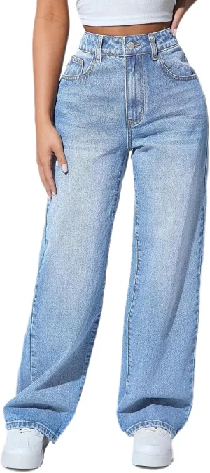Straight Leg Jeans for Women High Waisted Stretchy Wide Leg Boyfriend Jeans Denim Pants