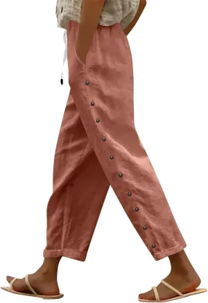 Straight Leg Linen Pants Women Summer Boho Striped Pants Comfy Drawstring Side Button Casual Beach Pants with Pockets