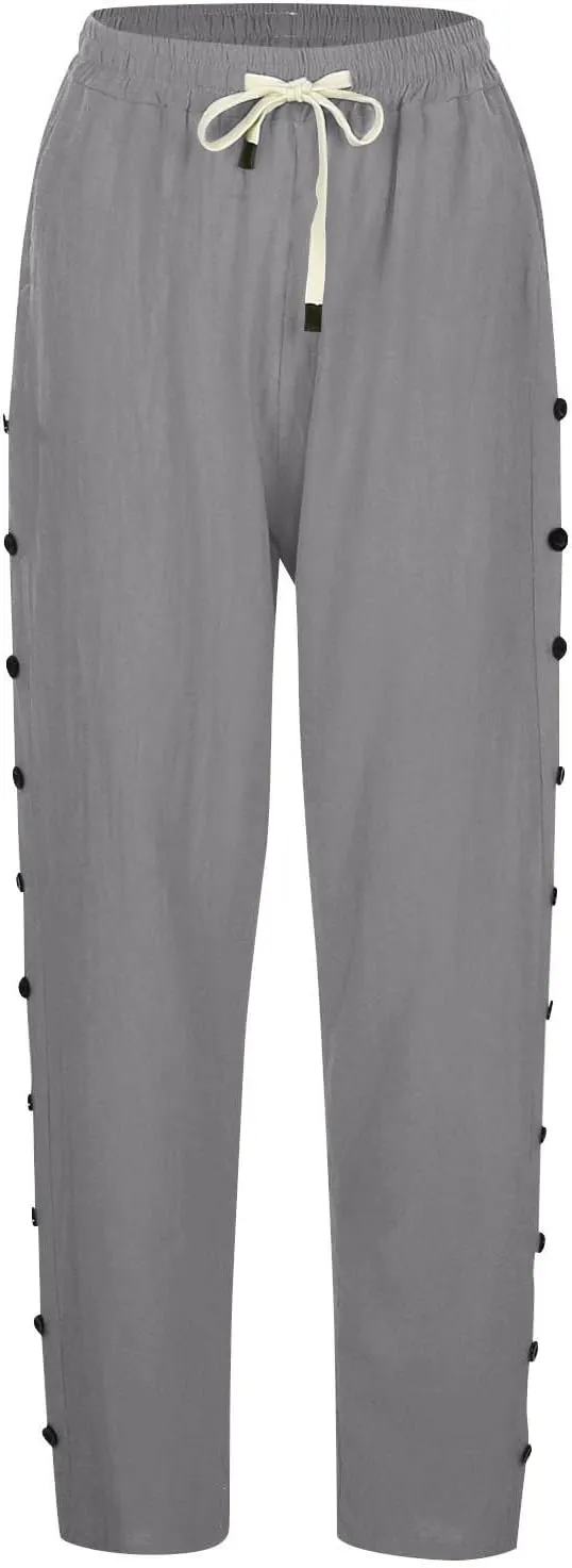 Straight Leg Linen Pants Women Summer Boho Striped Pants Comfy Drawstring Side Button Casual Beach Pants with Pockets