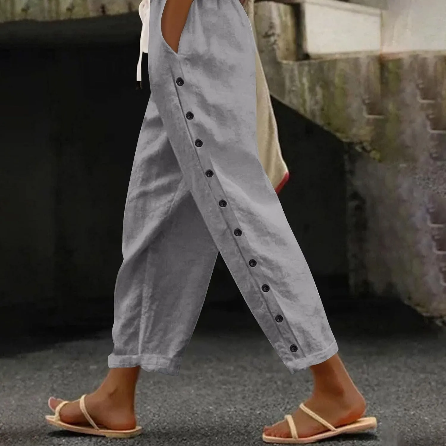 Straight Leg Linen Pants Women Summer Boho Striped Pants Comfy Drawstring Side Button Casual Beach Pants with Pockets
