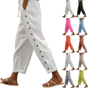 Straight Leg Linen Pants Women Summer Boho Striped Pants Comfy Drawstring Side Button Casual Beach Pants with Pockets