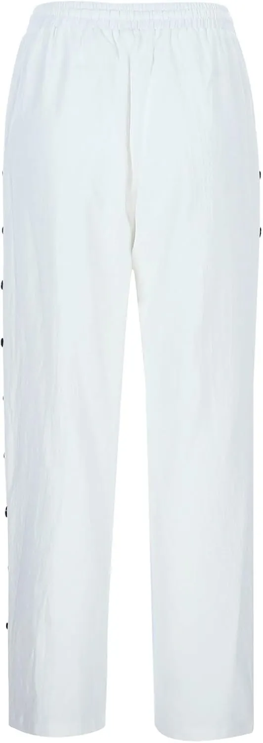 Straight Leg Linen Pants Women Summer Boho Striped Pants Comfy Drawstring Side Button Casual Beach Pants with Pockets