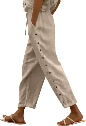 Straight Leg Linen Pants Women Summer Boho Striped Pants Comfy Drawstring Side Button Casual Beach Pants with Pockets