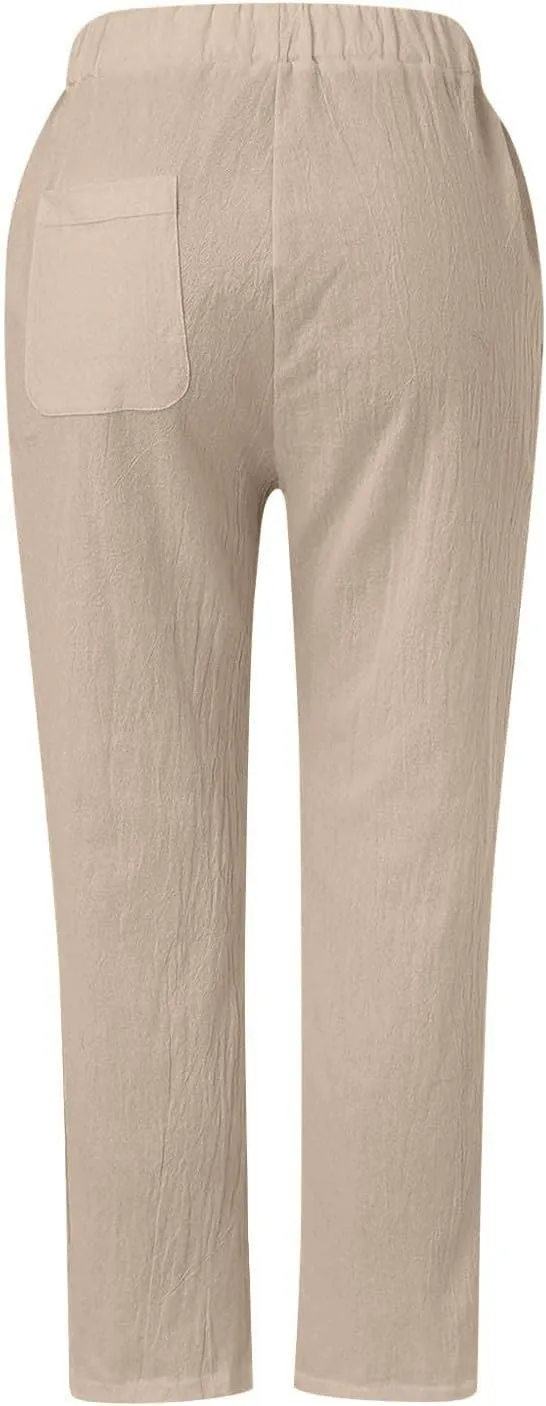 Straight Leg Linen Pants Women Summer Boho Striped Pants Comfy Drawstring Side Button Casual Beach Pants with Pockets
