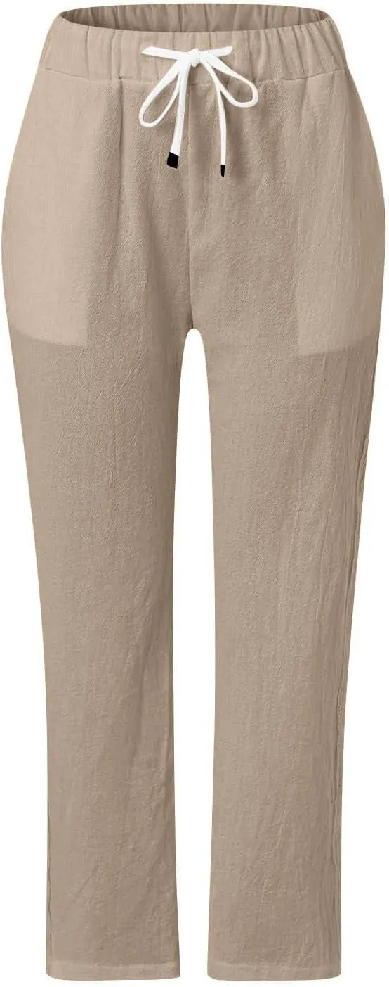 Straight Leg Linen Pants Women Summer Boho Striped Pants Comfy Drawstring Side Button Casual Beach Pants with Pockets