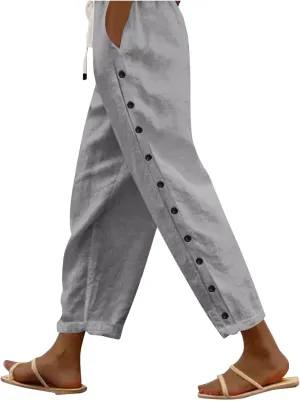 Straight Leg Linen Pants Women Summer Boho Striped Pants Comfy Drawstring Side Button Casual Beach Pants with Pockets