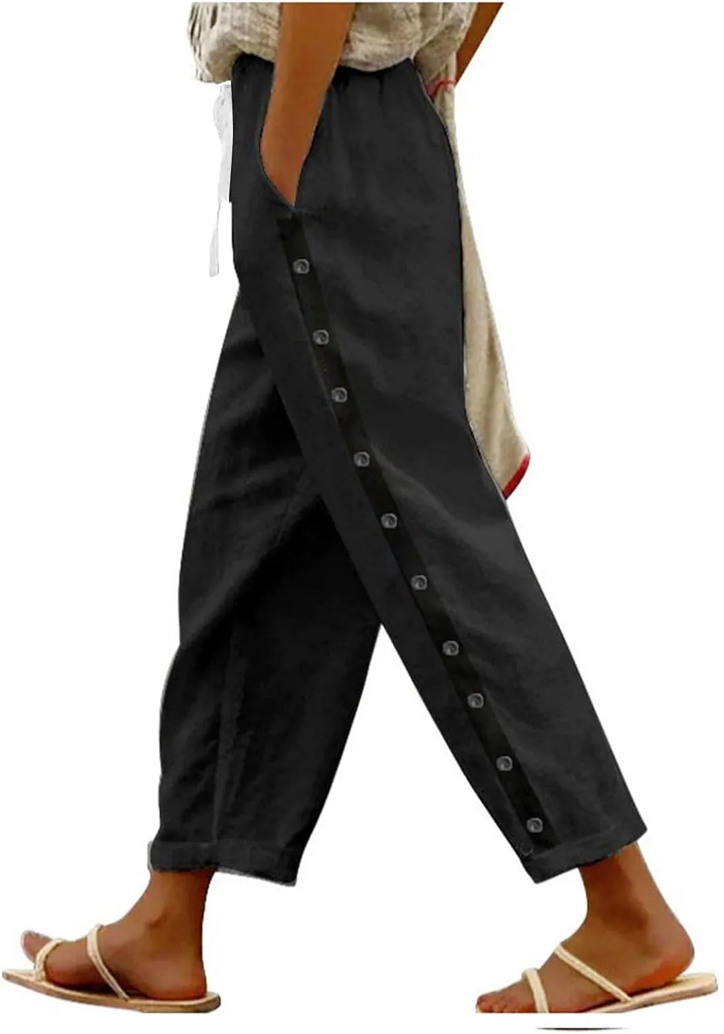 Straight Leg Linen Pants Women Summer Boho Striped Pants Comfy Drawstring Side Button Casual Beach Pants with Pockets