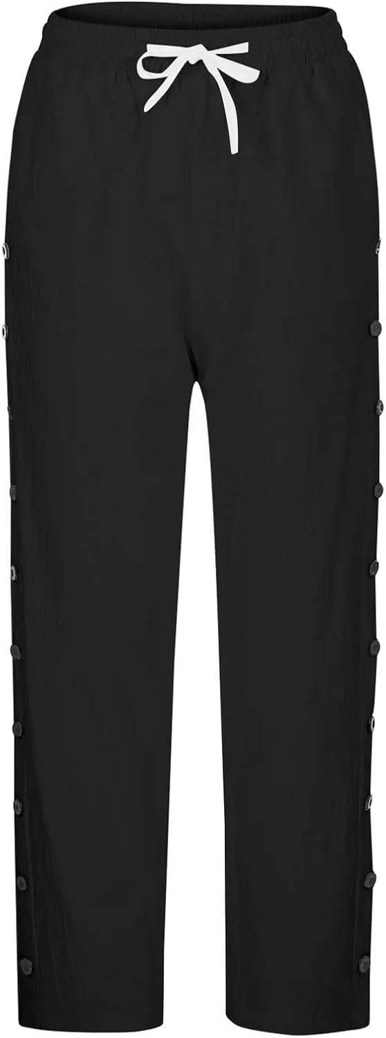 Straight Leg Linen Pants Women Summer Boho Striped Pants Comfy Drawstring Side Button Casual Beach Pants with Pockets