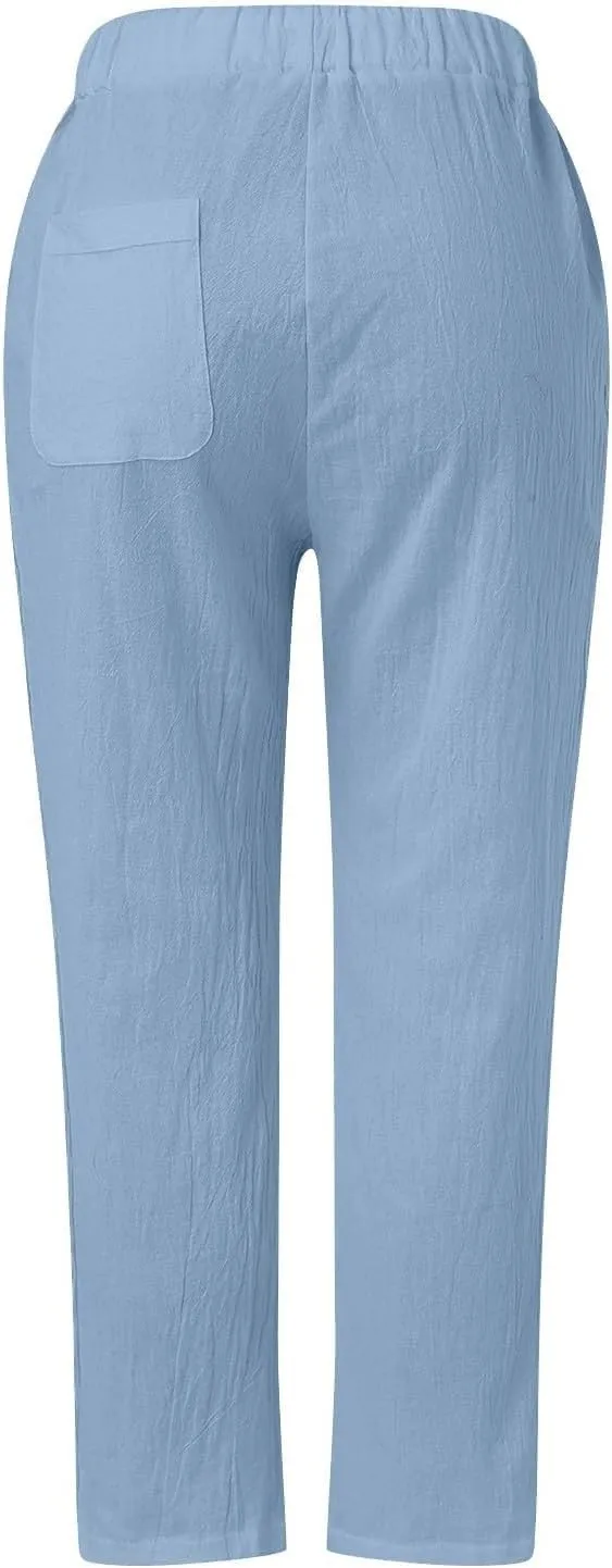 Straight Leg Linen Pants Women Summer Boho Striped Pants Comfy Drawstring Side Button Casual Beach Pants with Pockets