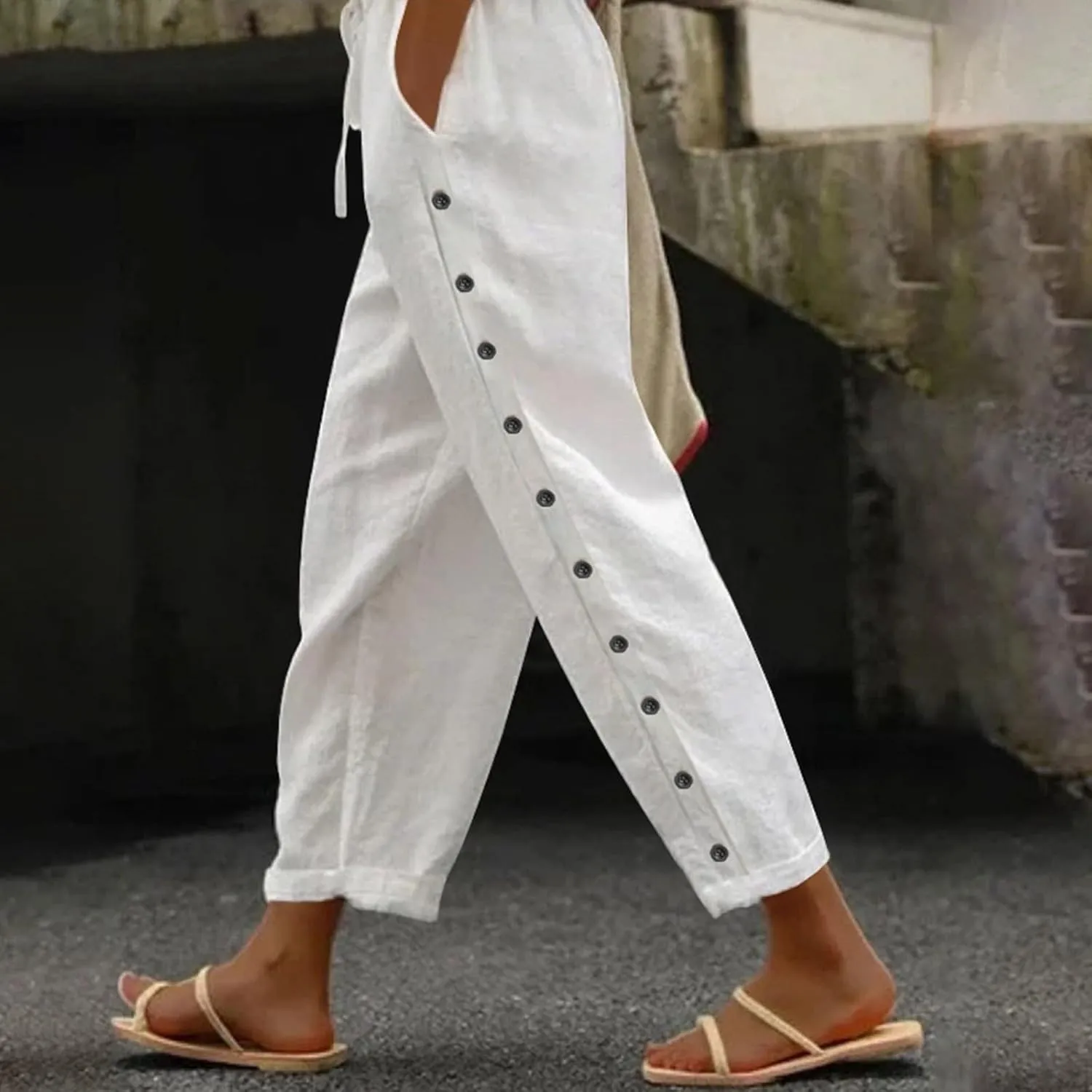 Straight Leg Linen Pants Women Summer Boho Striped Pants Comfy Drawstring Side Button Casual Beach Pants with Pockets