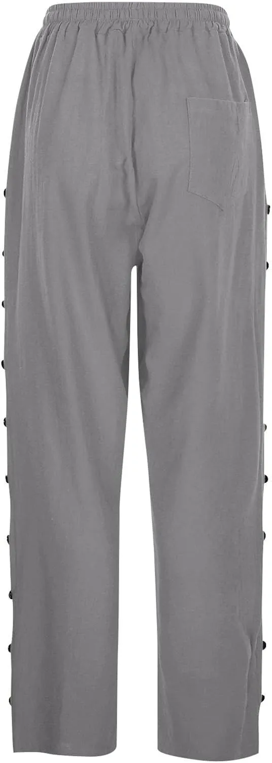 Straight Leg Linen Pants Women Summer Boho Striped Pants Comfy Drawstring Side Button Casual Beach Pants with Pockets