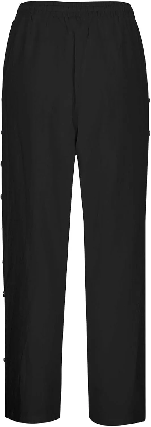 Straight Leg Linen Pants Women Summer Boho Striped Pants Comfy Drawstring Side Button Casual Beach Pants with Pockets