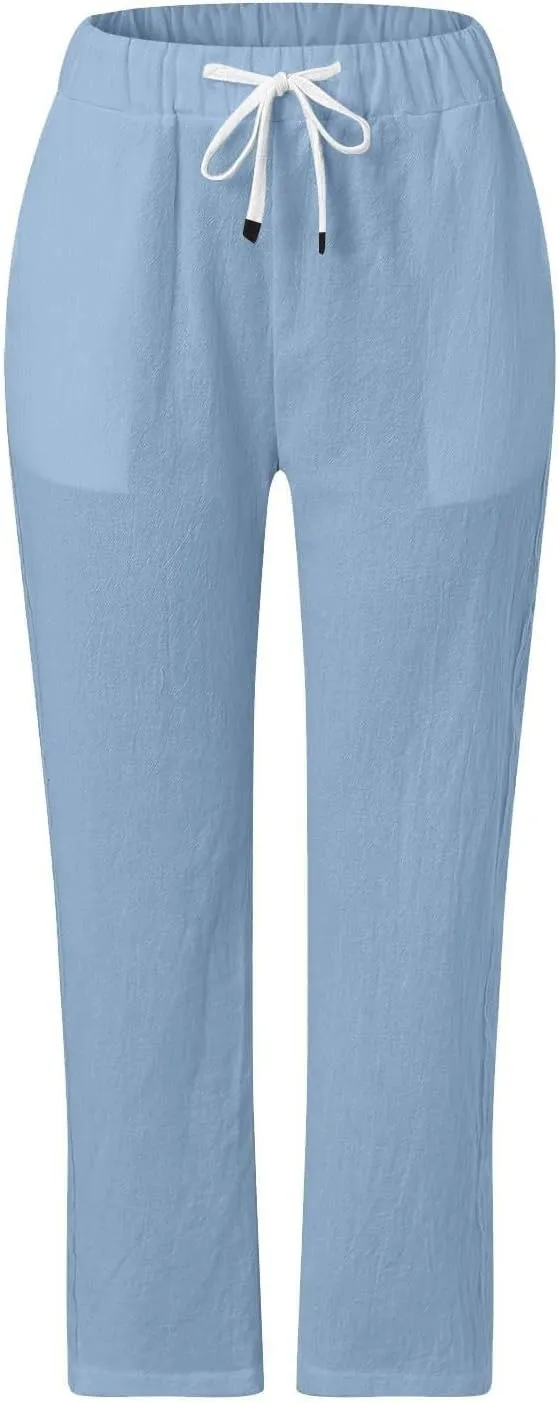 Straight Leg Linen Pants Women Summer Boho Striped Pants Comfy Drawstring Side Button Casual Beach Pants with Pockets