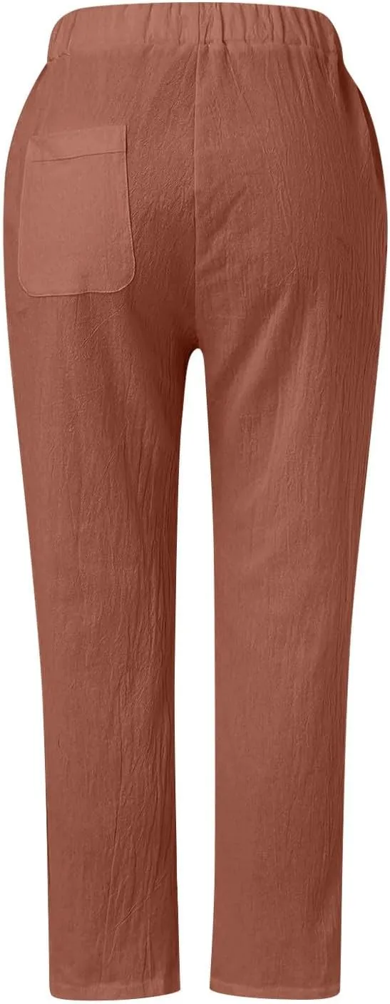 Straight Leg Linen Pants Women Summer Boho Striped Pants Comfy Drawstring Side Button Casual Beach Pants with Pockets