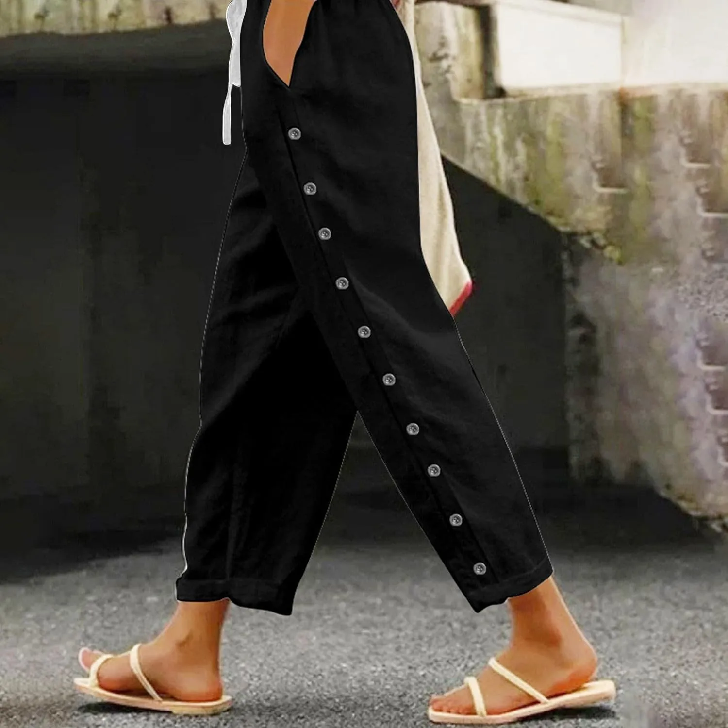 Straight Leg Linen Pants Women Summer Boho Striped Pants Comfy Drawstring Side Button Casual Beach Pants with Pockets