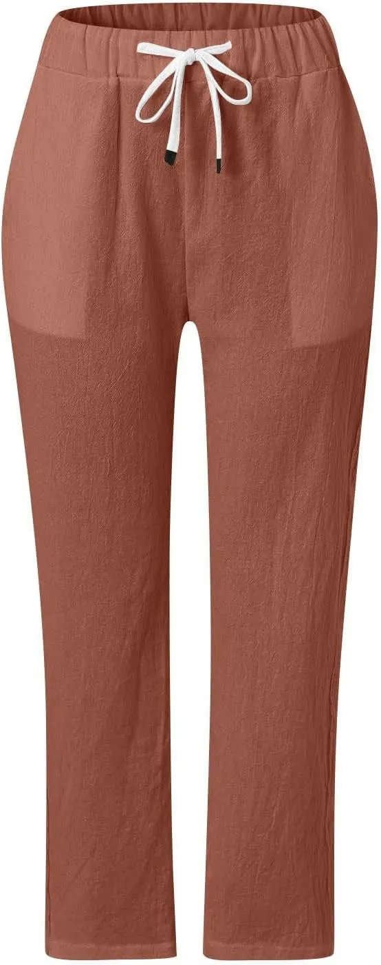 Straight Leg Linen Pants Women Summer Boho Striped Pants Comfy Drawstring Side Button Casual Beach Pants with Pockets