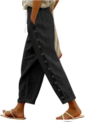Straight Leg Linen Pants Women Summer Boho Striped Pants Comfy Drawstring Side Button Casual Beach Pants with Pockets