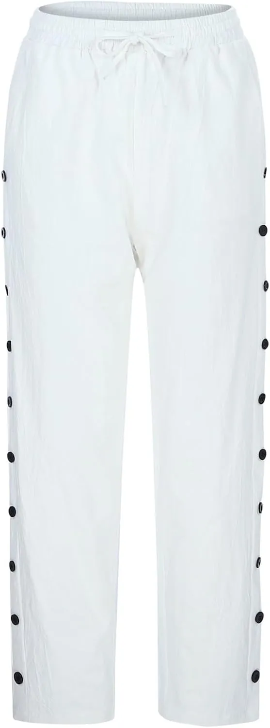 Straight Leg Linen Pants Women Summer Boho Striped Pants Comfy Drawstring Side Button Casual Beach Pants with Pockets