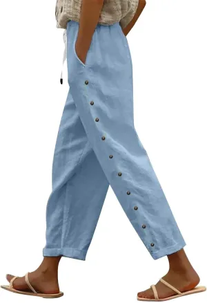 Straight Leg Linen Pants Women Summer Boho Striped Pants Comfy Drawstring Side Button Casual Beach Pants with Pockets