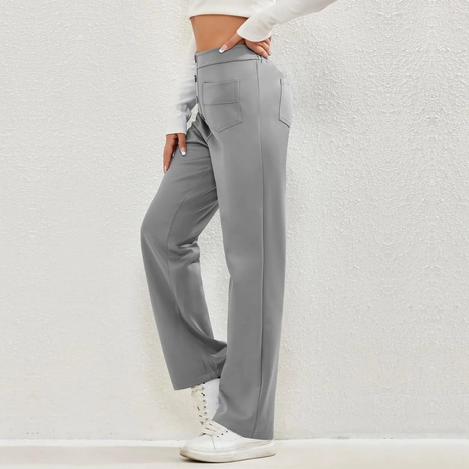 Straight Leg Pants Women Elastic High Waisted Dress Pants Multi Pockets Business Casual Trouser Pants Slacks