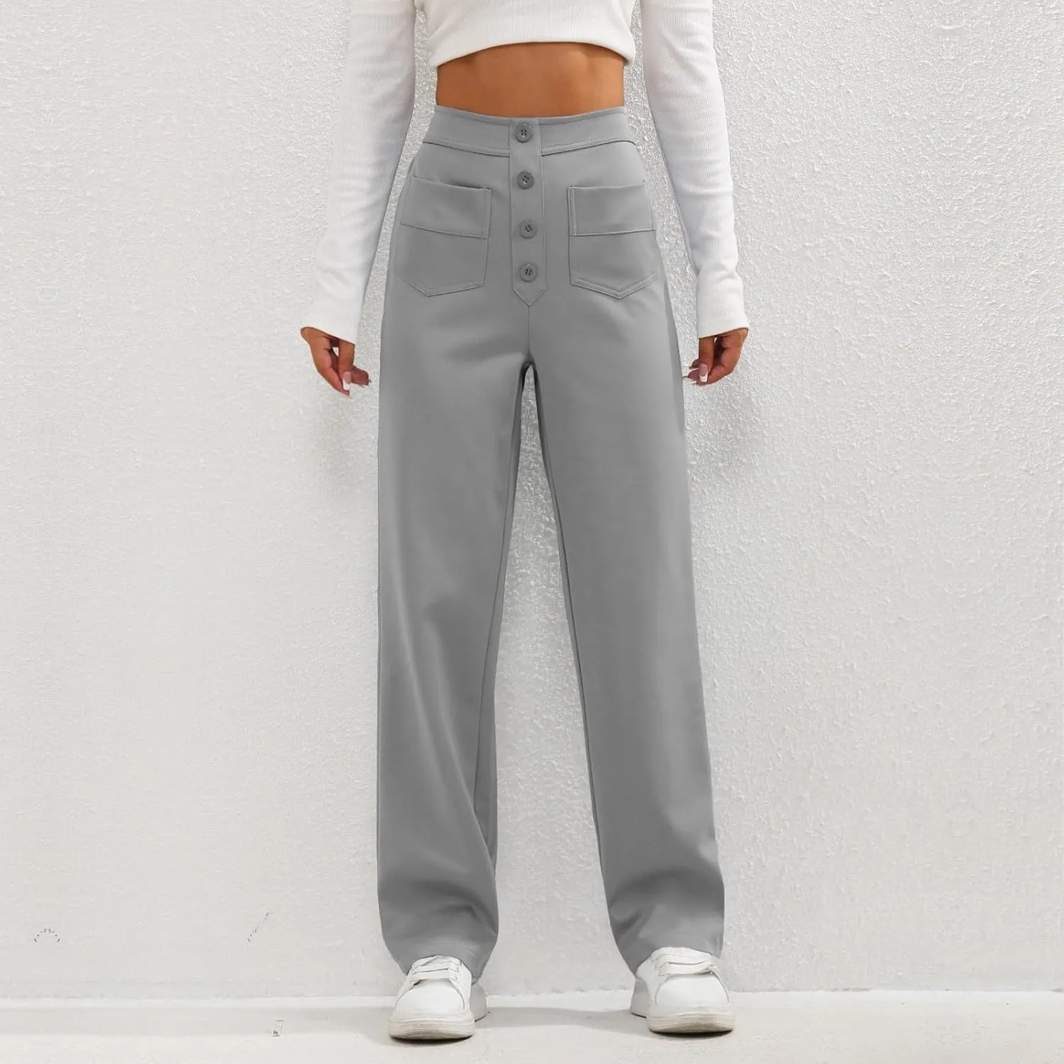 Straight Leg Pants Women Elastic High Waisted Dress Pants Multi Pockets Business Casual Trouser Pants Slacks