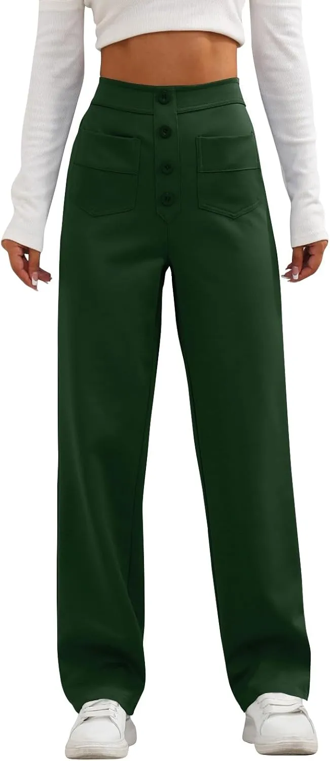 Straight Leg Pants Women Elastic High Waisted Dress Pants Multi Pockets Business Casual Trouser Pants Slacks