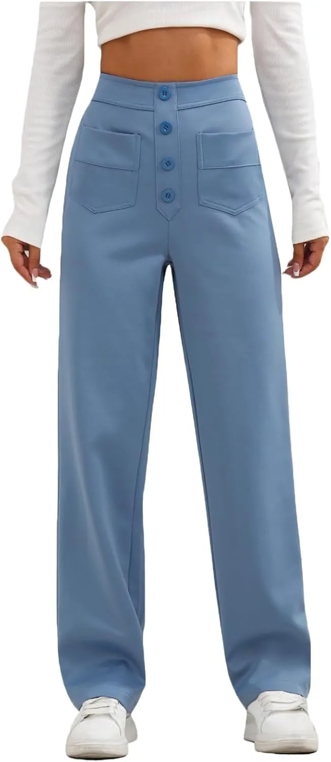 Straight Leg Pants Women Elastic High Waisted Dress Pants Multi Pockets Business Casual Trouser Pants Slacks