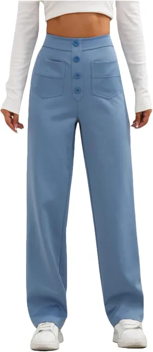 Straight Leg Pants Women Elastic High Waisted Dress Pants Multi Pockets Business Casual Trouser Pants Slacks