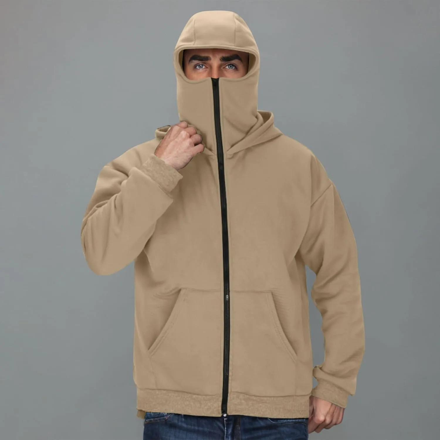 Streetwear Fleece Hoodies for Men with Mask 2025 Thermal Winter Double Hat Hooded Sweatshirt Outdoor Sports Jacket
