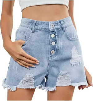 Stretchy Jean Shorts for Womens High Waisted Buttons Frayed Raw Hem Ripped Distressed Denim Shorts with Pockets